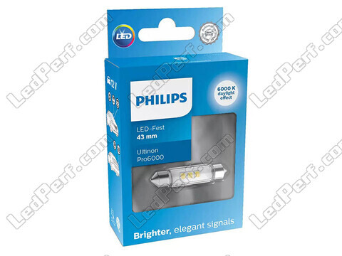 Ampoule LED navette C10W 43mm Philips Ultinon Pro6000 Blanc chaud 4000K - 11866WU60X1 - 12V